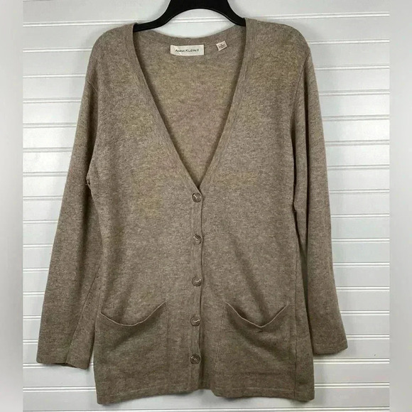 Anne Klein II Cashmere& Angora Blend Caedigan Sweater Taupe Made in Italy Medium - Picture 1 of 9